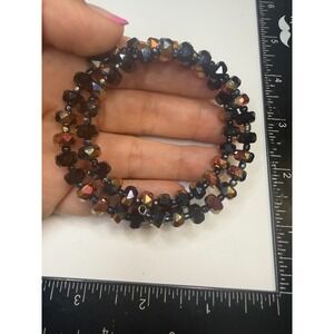 Black Iridescent Faceted‎ Glass Bead Memory Wire Wrap Bracelet Double Layer Coil